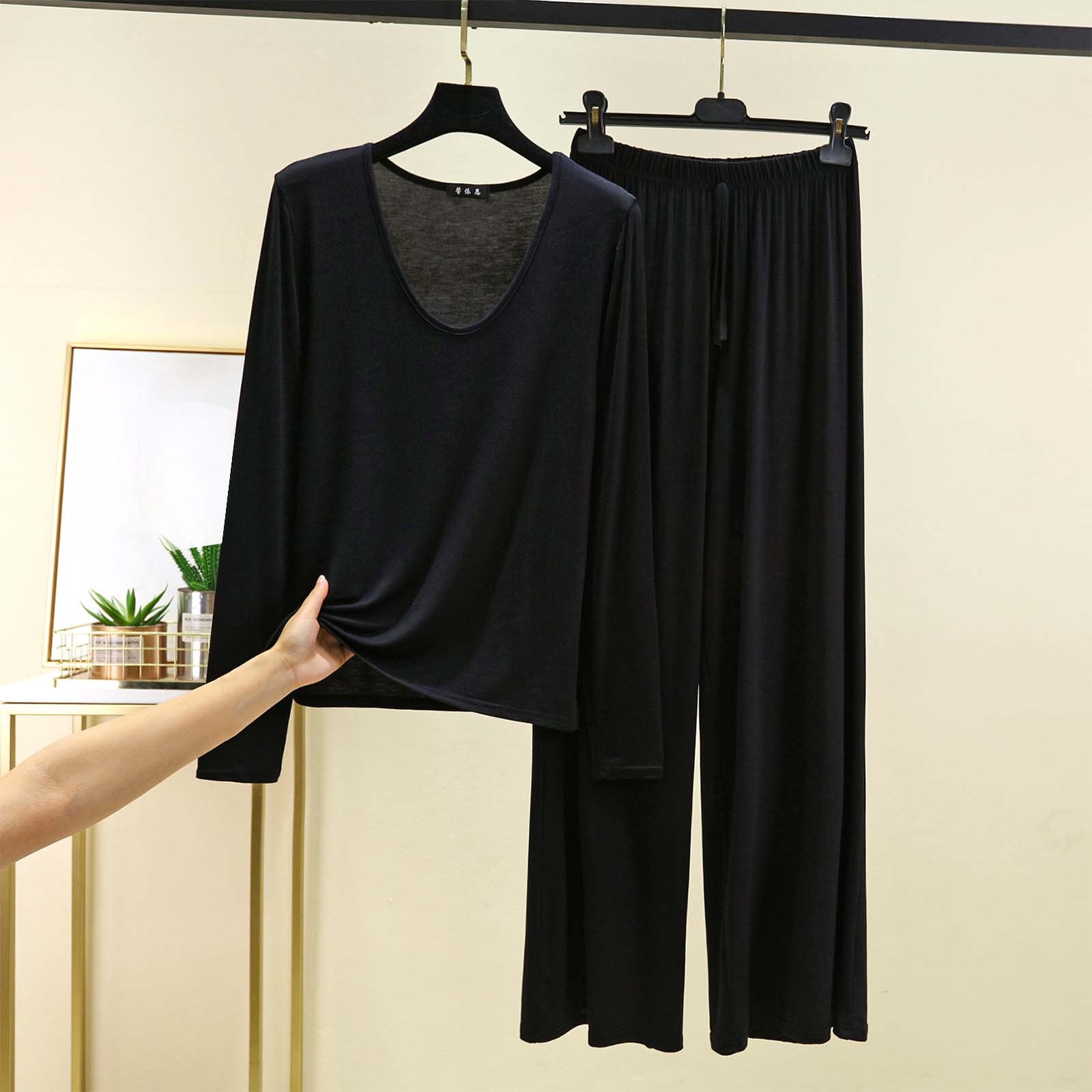 Lounge Sets for Women 2 Piece Cotton Linen Pants Set for Women 2 Piece Women's Loose Solid Color T-shirt Wide Leg Pants Home Wear Two-piece Long Sleeve U-Neck Shirts Sets