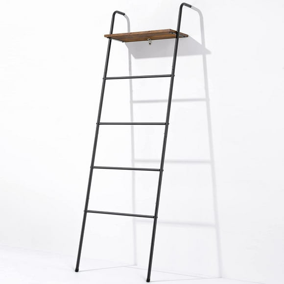 shiyou-Blanket Ladder 5 Layer Wall-Leaning Ladder Rack with Shelf Decorative Ladder Shelf Metal Leaning Towel Ladder Rack for Blankets or Towels for Living Room Bathroom Rustic Black