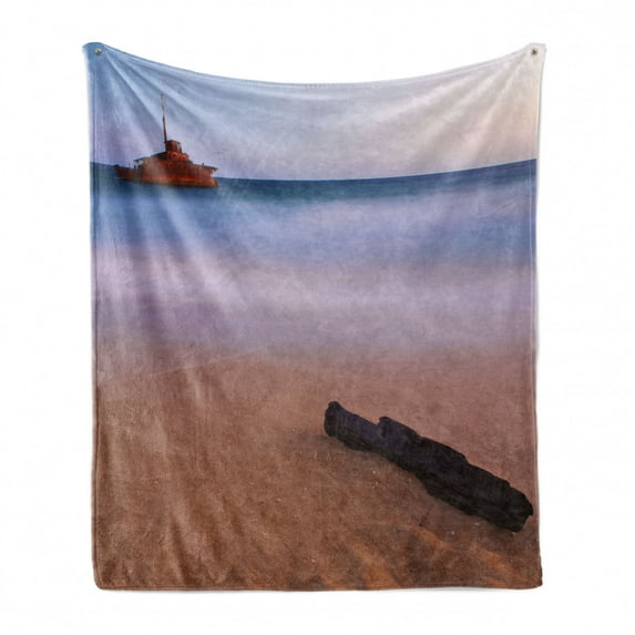Shipwreck Soft Flannel Fleece Blanket, Shipwreck on Beach at Dusk in South Australian Lands by Sea Shore Navy Nautical, Cozy Plush for Indoor and Outdoor Use, 50" x 60", Multicolor, by Ambesonne