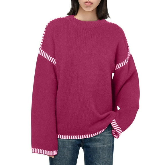 HongQid Sweaters for Women Fashion Solid Crewneck Loose Fit Long Sleeve Contrast Cable Knit Pullover Sweater Jumper Tops
