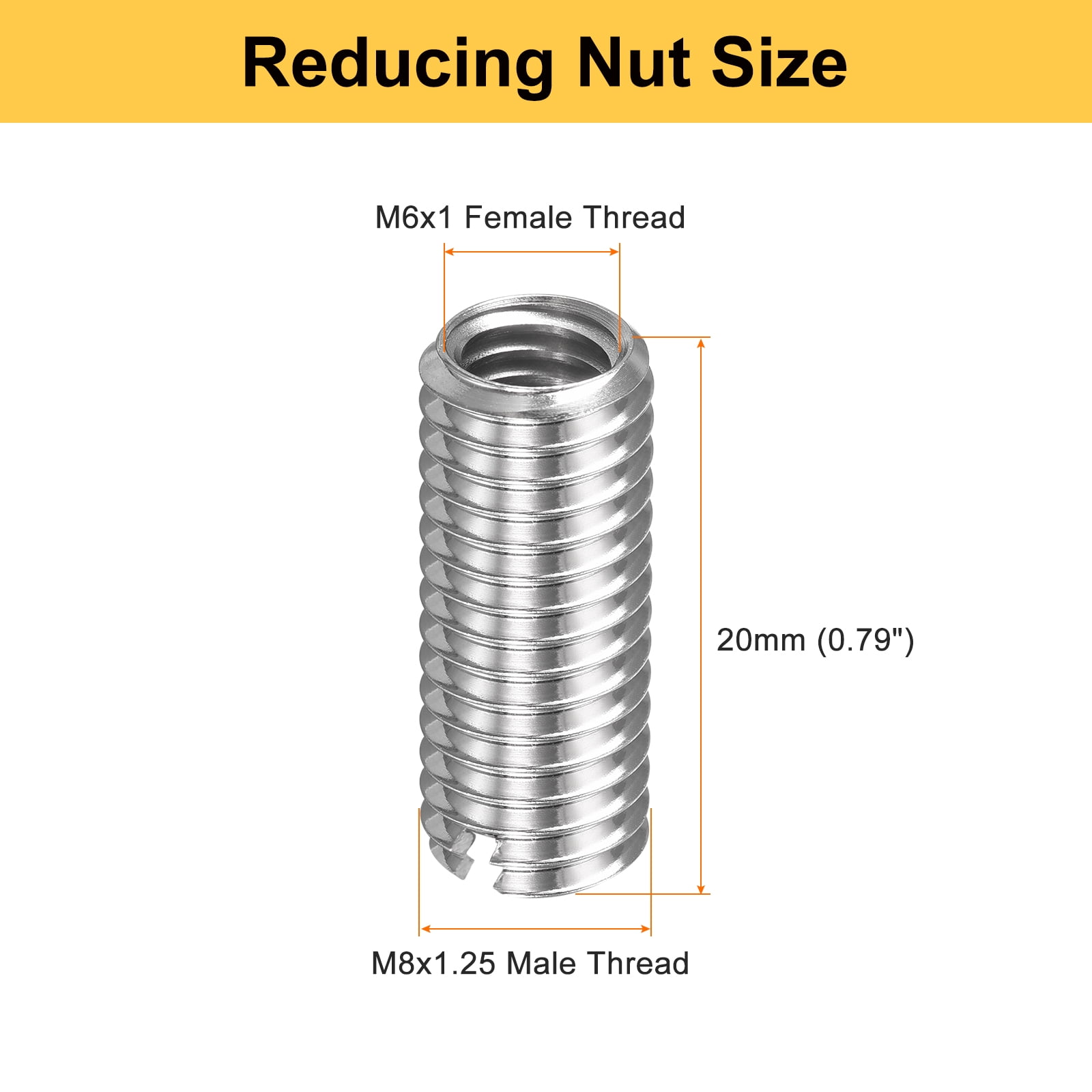 Uxcell 40pcs Thread Repair Inserts M8 x 1.25 Male to M6 x 1 Female Thread 20mm Long Stainless Steel Reducing Nuts Metric Self Tapping Sleeves