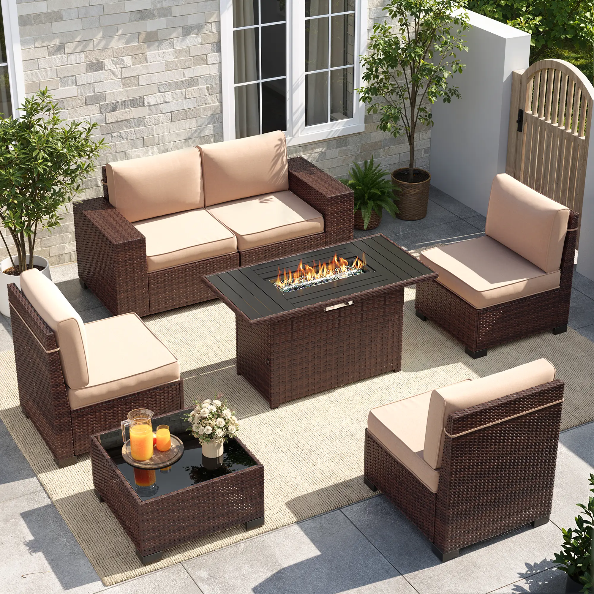 UDPATIO Patio Furniture Set with Fire Pit Table, Outdoor Patio Sofa Set With Wide Armrest, All-Weather Wicker Rattan Guest Set With Cushion And Glass Table And Waterproof Cover, Brown&Khaki