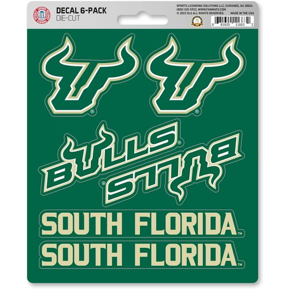 University of South Florida USF Bulls 6-Piece Decal Sticker Set, 5x6 Inch Sheet, Gift for football fans for any hard surfaces around home, automotive, personal items