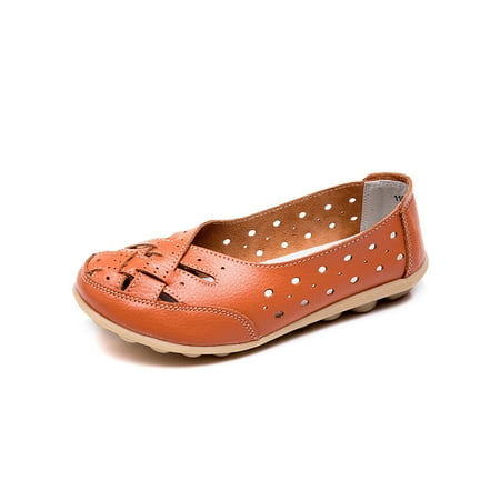 

Lumento Womens Casual Shoes Comfort Leather Flats Slip On Loafers Breathable Driving Shoe Walking Soft Sole Non-Slip Orange 7.5