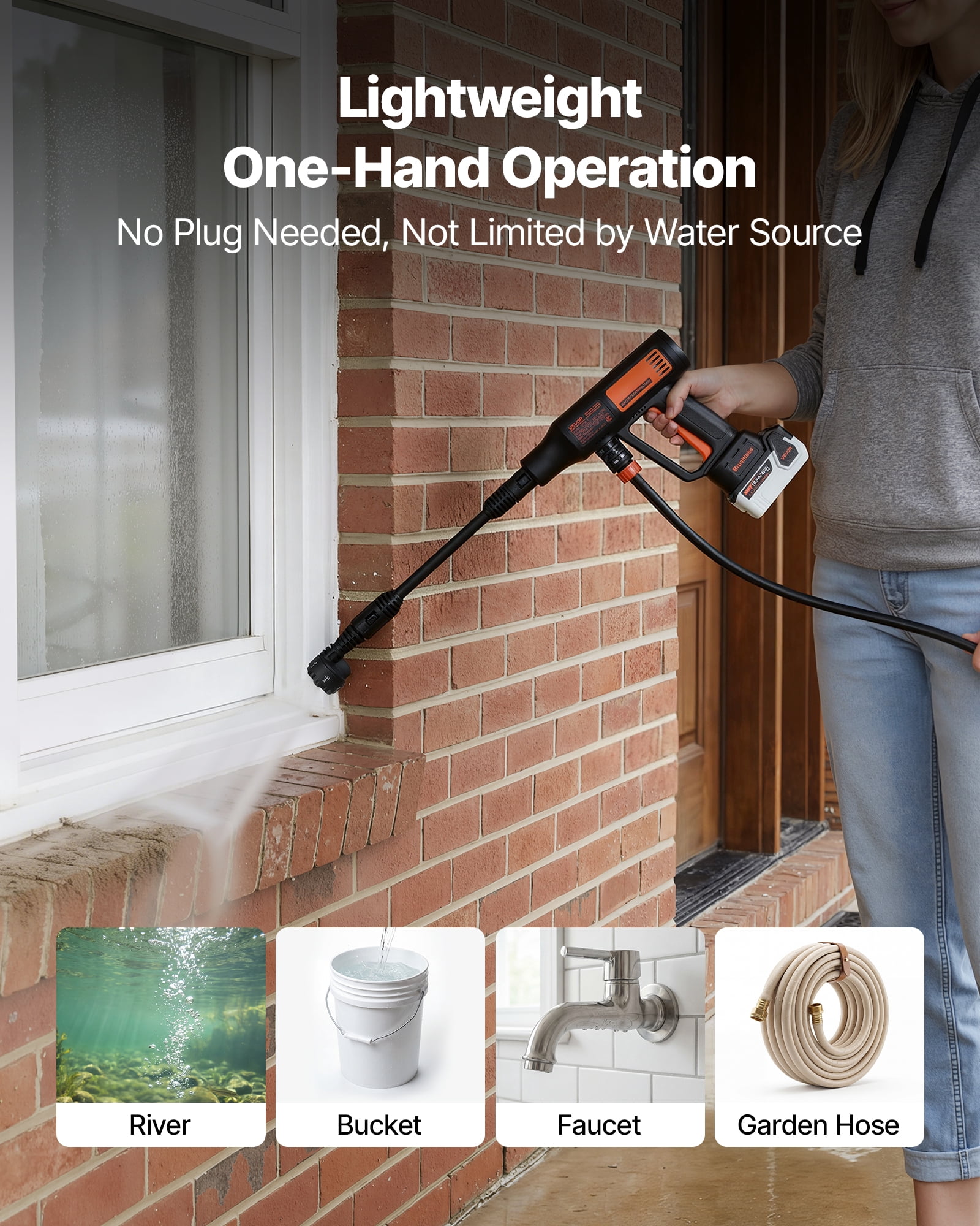 VEVOR Cordless Pressure Washer, 1200PSI MAX Portable Pressure Washer with Brushless Motor, Dual Batteries, 6-in-1 Nozzle & Water Hose, 4 Speed Adjustable, Handheld Power Cleaner for Home Garden Patio