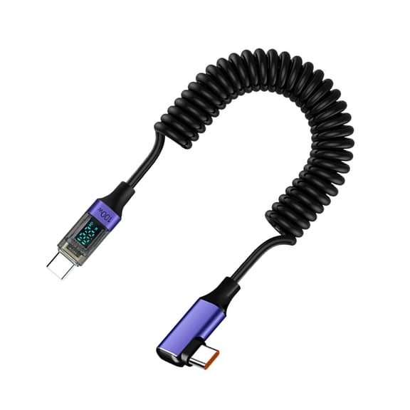 USB Type C Spring Data Cord 90 Degree Elbow PD100W Fast Charging Cable with Digital Display for Laptops Tablets Phones