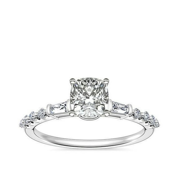 0.80 Ct Brilliant Cushion Cut Genuine Diamond Sparkle Solitaire with Accents Engagement Ring for Women Solid 14K White Gold Size 6.5