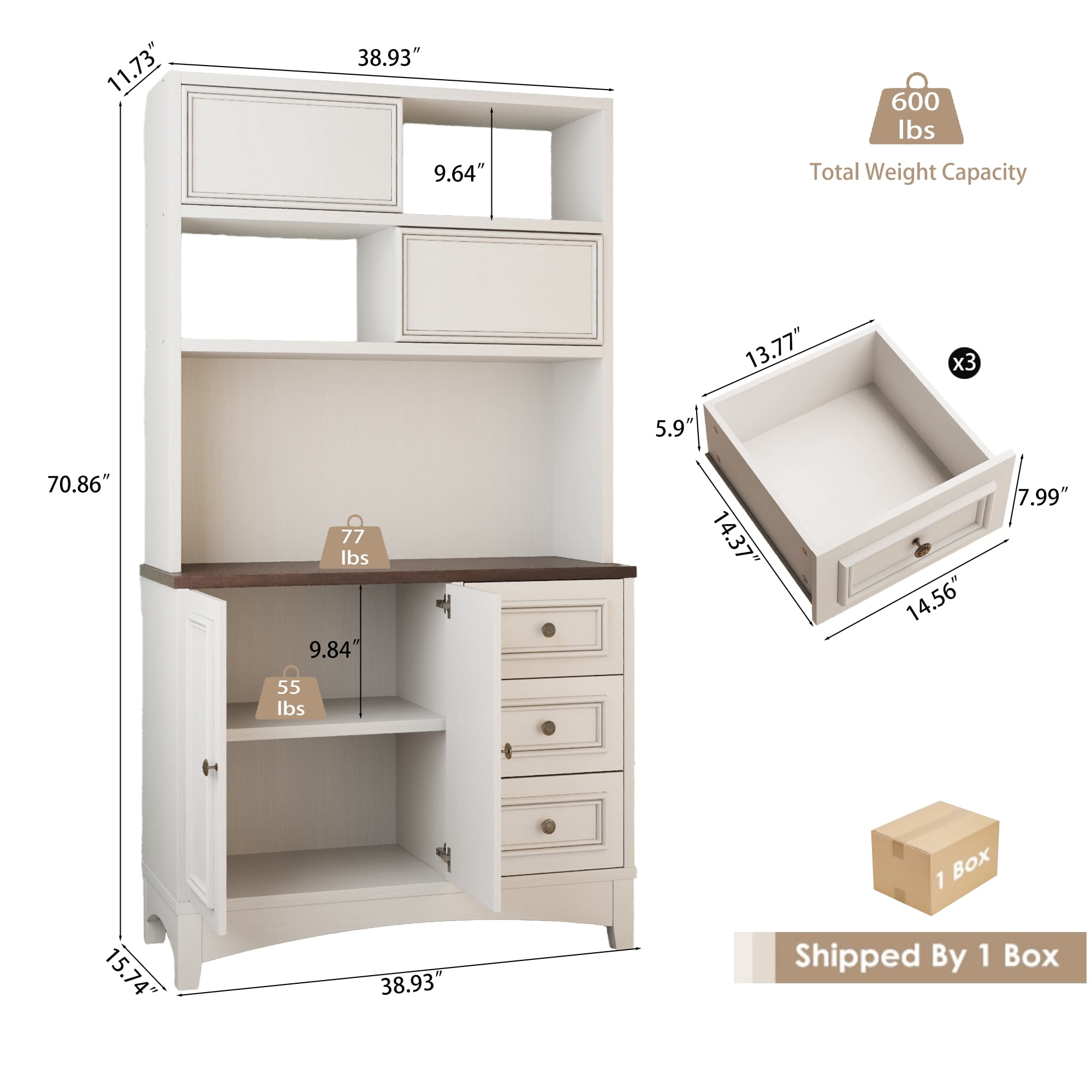 71" Kitchen Pantry with Charging Station, Freestanding Cupboard with Adjustable Shelves, Floor Cabinet for Living Room, Antique White