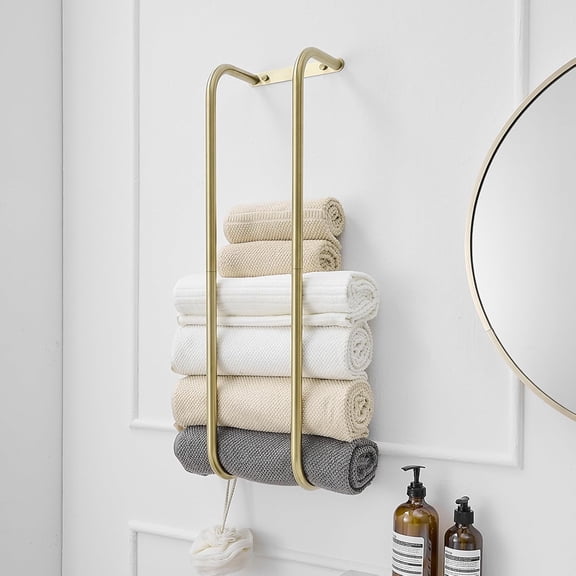 Brushed Gold Towel Racks for Bathroom Wall Mounted for Rolled Towels | Bathroom Towel Rack Storage Stainless Steel Vertical Towel Holder Bathroom Organizer Space Saving for Bedrooms Hotels