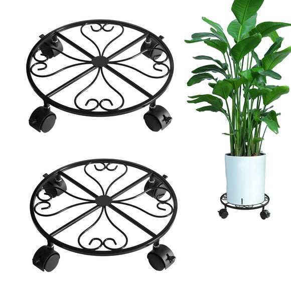 Metal Plant Caddy,12 Inch Plant Stand Round Plant Roller with 4 360° Lockable Caster Wheels, Plant Dolly for Heavy Duty Flower Pots (12 Inches, Black)2-Pack
