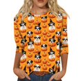 thumbnail image 2 of Halloween Womens Shirts Funny 3/4 Sleeve Pullover Spooky Halloween Ghost Pumpkin Printed Tops Horror O Neck T Shirts Three Quarter Length Blouse,4XL, 2 of 7