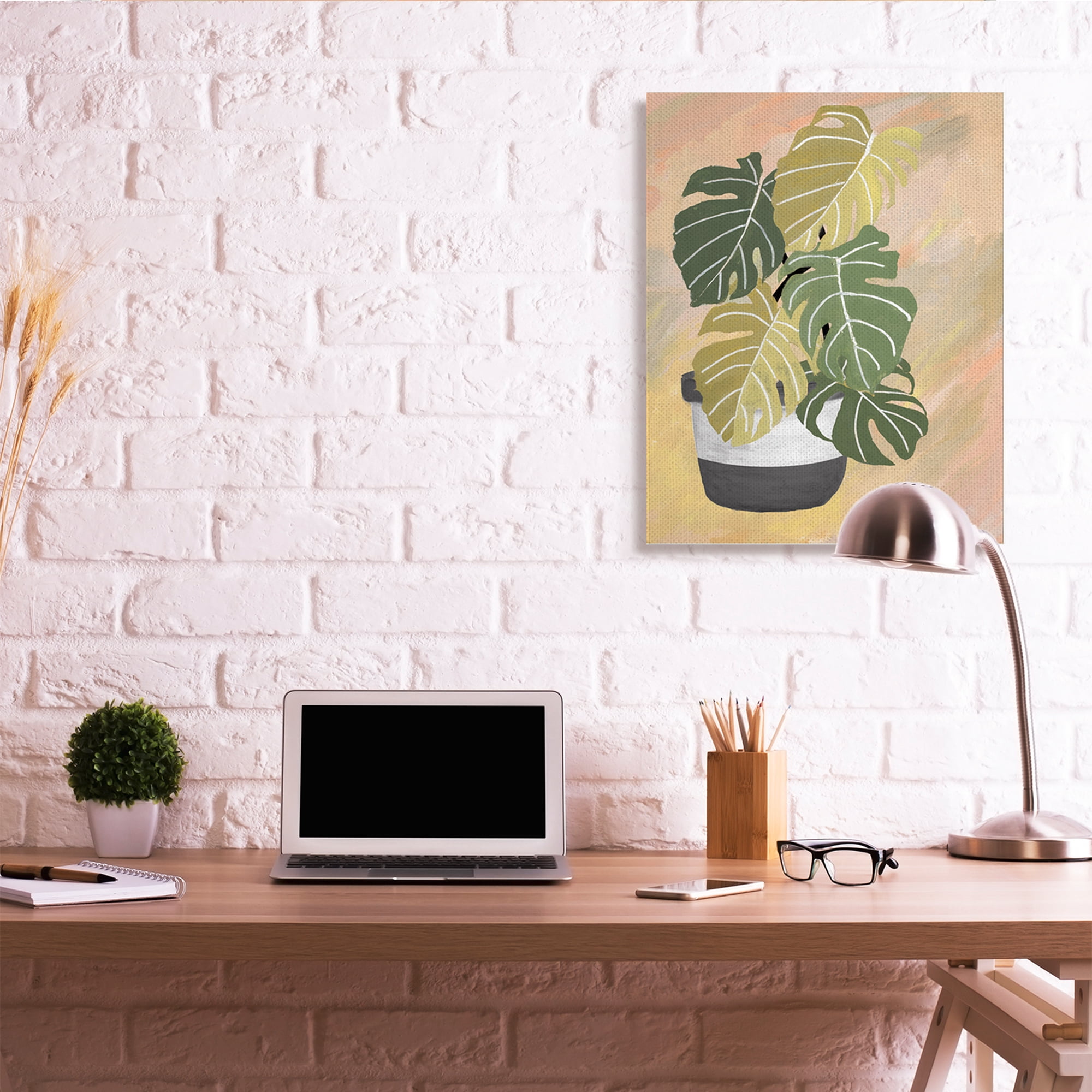 Stupell Industries Unique Leaf Plant Tropical Monstera Over Abstract Botanical & Floral Painting Gallery Wrapped Canvas Art Print Wall Art, 30 x 40