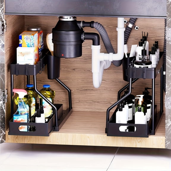 2 Pack 2-Tier Under Sink Storage Organizer, Pull Out Sliding Cabinet Basket with Detachable Hooks, Anti-Slip Metal Multi-Purpose Storage Shelf, Space Saver Rack for Kitchen Spices, Utensils & Bathr