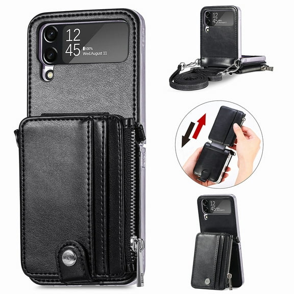 K-Lion for Galaxy Z Flip 4 Wallet Case, Detachable Card Holder Zipper Premium PU Leather Flip Case Shockproof Adjustable Crossbody Strap Phone Cover for Samsung Galaxy Z Flip 4 5G 2022, Black