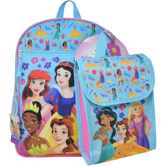 Disney Princesses 16" Nylon Backpack with Lunch Bag set for Girls 3 
