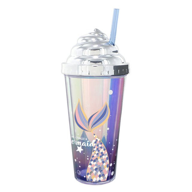 Diconna Reusable Mermaid Pattern Double-Layer Straw Cup with Sealing Cover