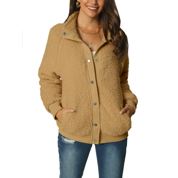 INSPIRE CHIC Women's Fluffy Fleece Two Pockets Long Sleeve Button Front Closure Casual Coat S Khaki