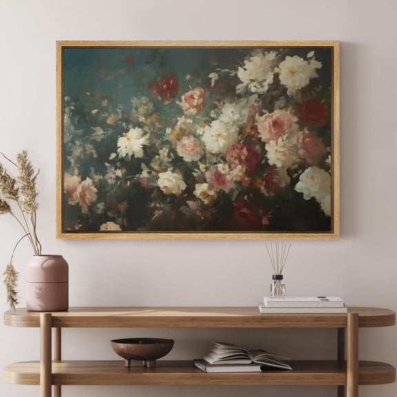 Romantic Floral Wall Art Vintage Rose Bouquet Canvas Print Deep Green Botanical Decor For Living Room