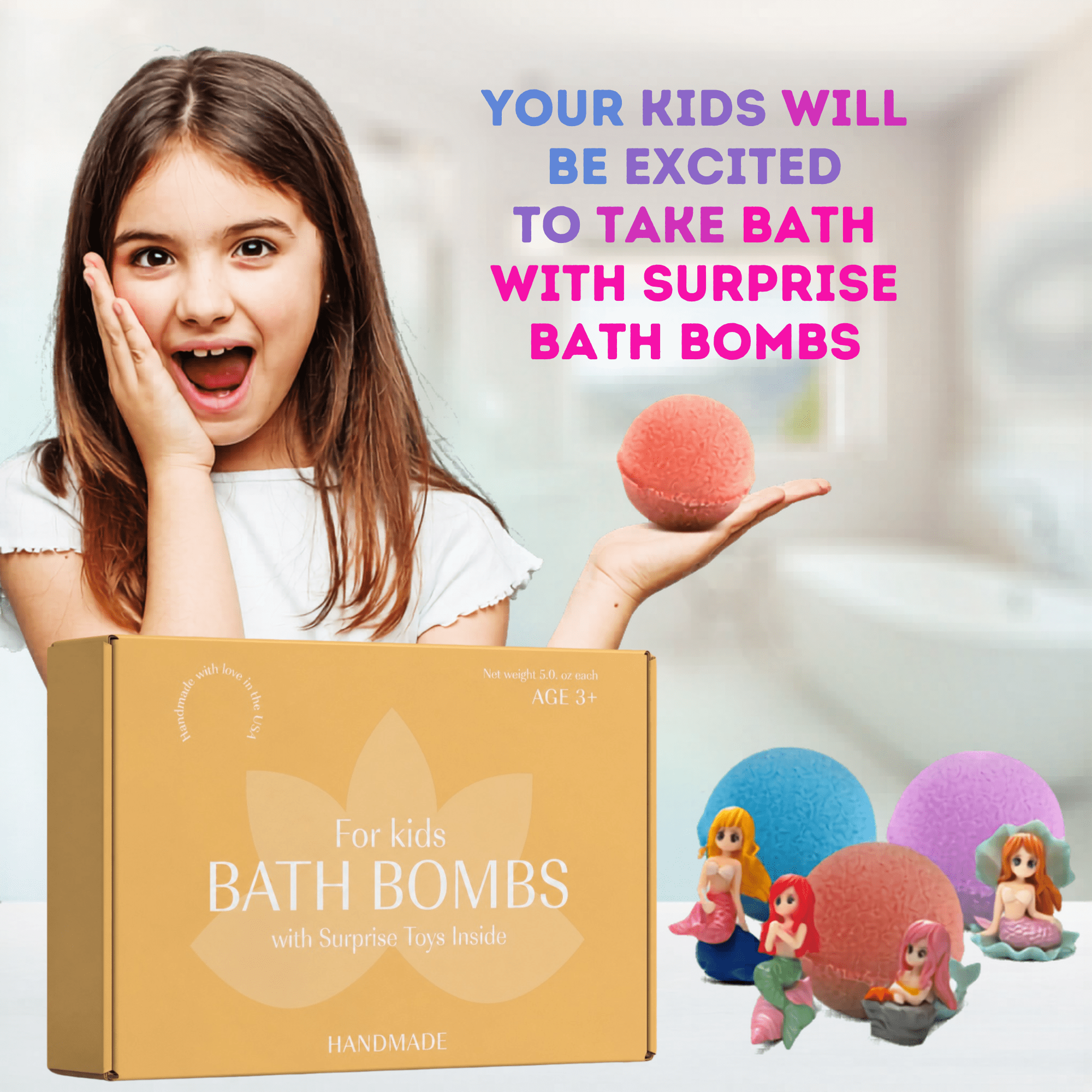 Big Bath Bombs for Kids with Surprise Inside Amazing MERMAID Big Toys Handmade in USA Natural and Safe by Relaxcation 3 Set
