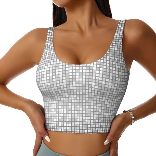 Fotbe Silver Mosaic Sujetador Deportivo Largo sin Aros para Mujer con Almohadillas y Soporte Medio, Transpirable y Absorbente, Camiseta Tipo Chaleco o Tank Top-Small