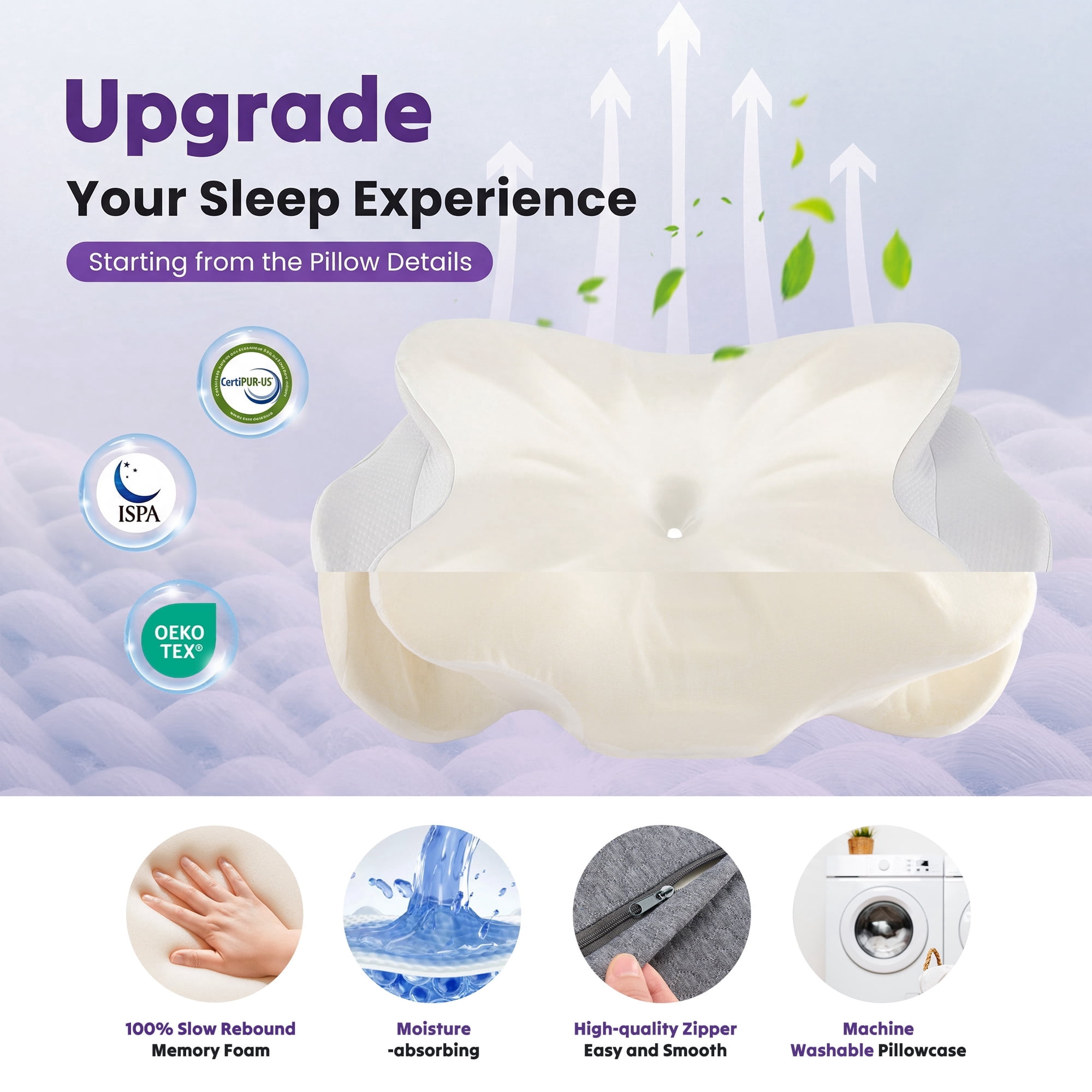 JIOABL Cervical Memory Foam Pillow, Contour Design with 2 Heights, Breathable Cover, Neck Support for Side Back Sleepers, Light Gray