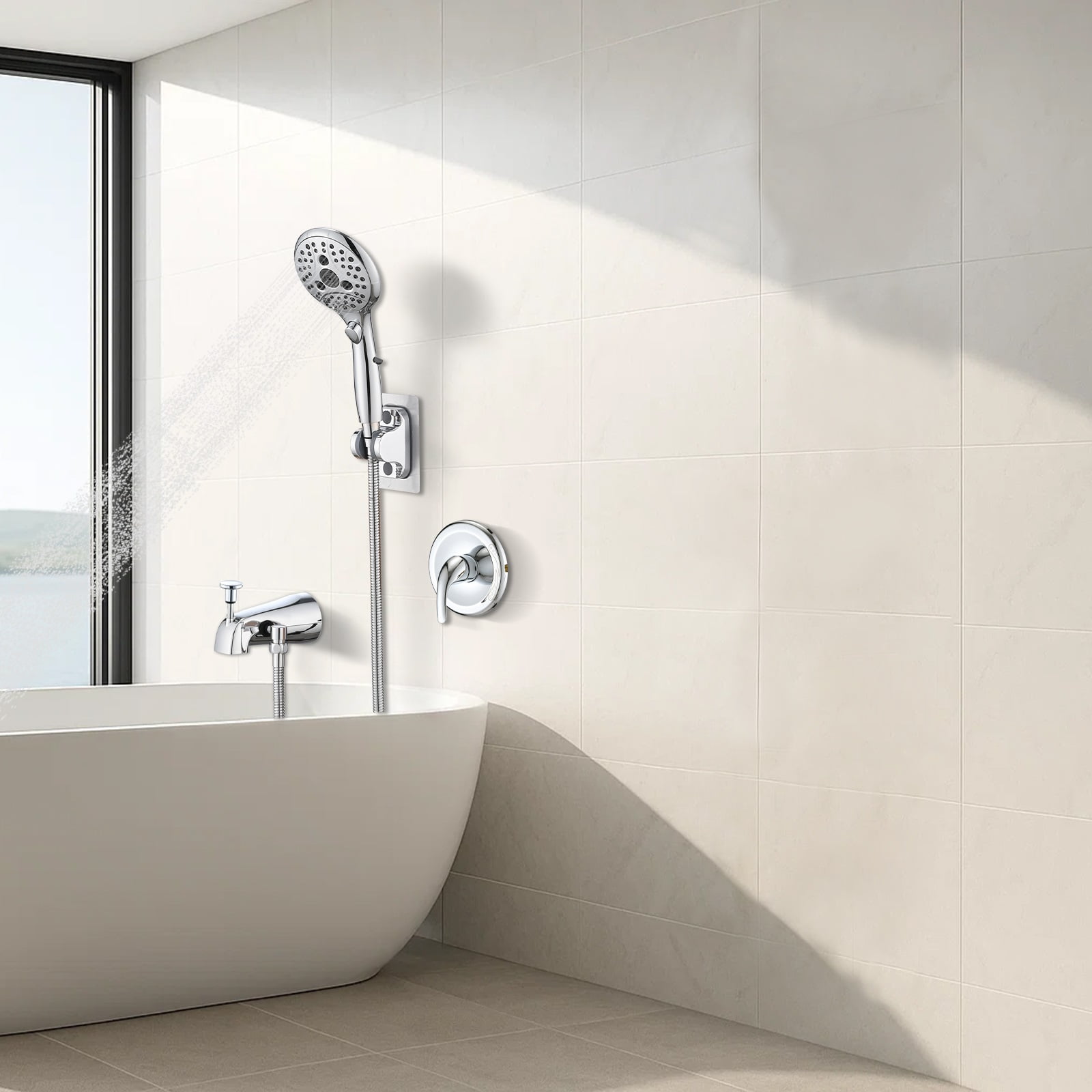 Lift-Up Diverter Bathtub Faucet with 6 Settings Handheld Shower in Chrome