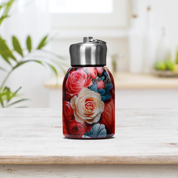 300ml Insulated Stainless Steel Water Bottle - Leakproof Thermos Flask | Keeps Hot 12H/Cold 24H | Leakproof Slim Design for Gym, Office & Travel | Elegant Gift for Mother's Day (Red flowers)