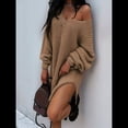 thumbnail image 4 of Suéteres para Mujer, Punto , Cuello en V, Color Liso, Larga, Informales, Holgados, Suaves, Tipo Jersey. Caqui XL, 4 of 6
