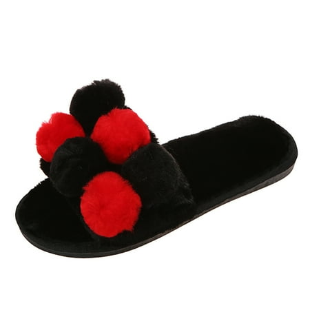 

uikmnh Women Slippers Colorblock Colorful Fluff Ball Open Toe Comfortable Flat Cotton Slippers Black 9