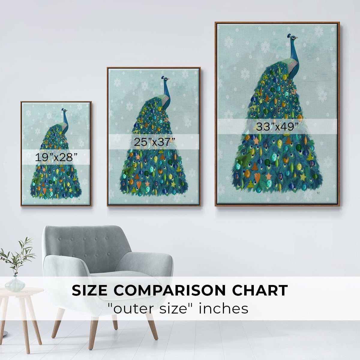 Christmas Peacock Christmas Tree - Framed Gallery Wrapped Holiday Canvas - 25 x 37 - Rosewood Frame
