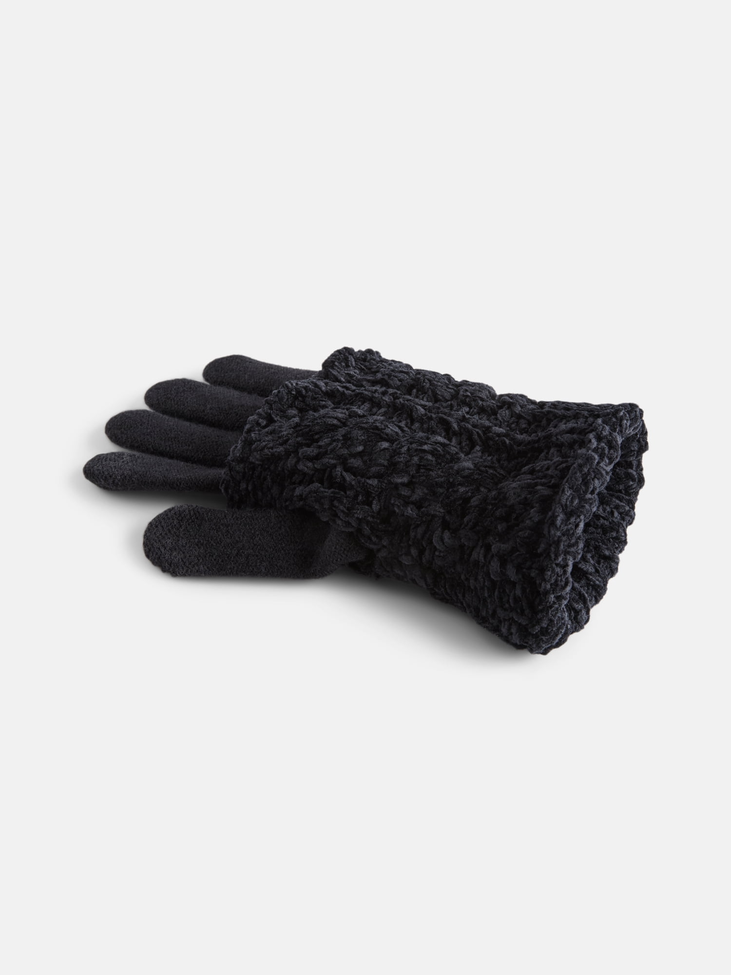 MNYC Women's 2 PC Cable Knit Chenille Beanie w/ Matching Gloves, Black