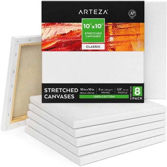 Arteza Stretched Canvas Pack, 10" x 10", Blank Canvas Boards for Painting, 8 Pack