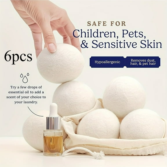 6pcs Wool Dryer Balls - Natural Fabric Softener, Reduces Wrinkles & Saves Drying Time, 2.36 Inch Premium, Gentle on Delicates, Safe for Sensitive Light Beige, Ideal for Delicates & Delicates
