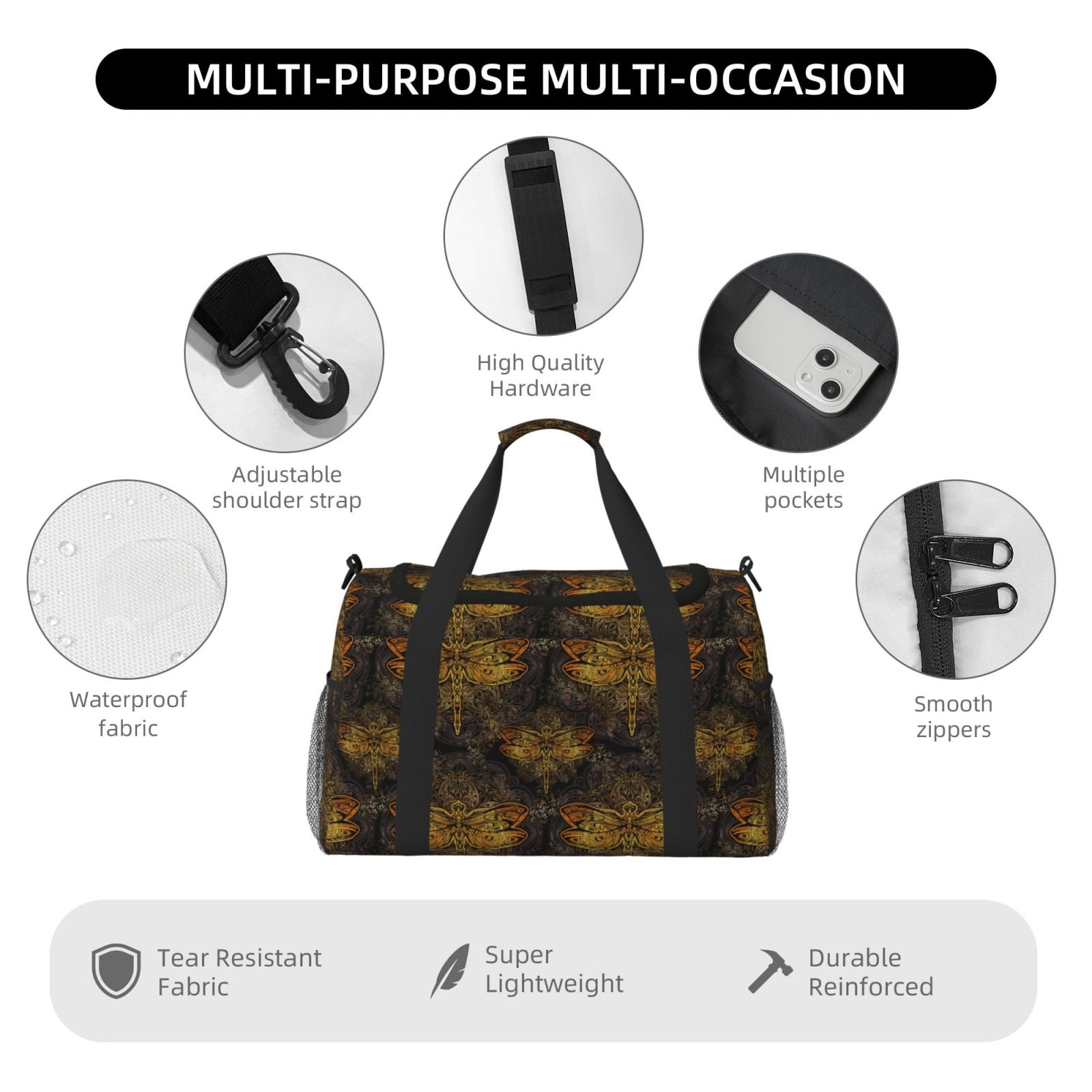 Fuzoiu Gold Dragonfly Mandala Print Travel Duffle Bag,Carry On Tote Bags,Duffel Bag,Sport Gym Bag, Hospital Bag for Labor and Delivery, Overnight Bag,Luggage Bag