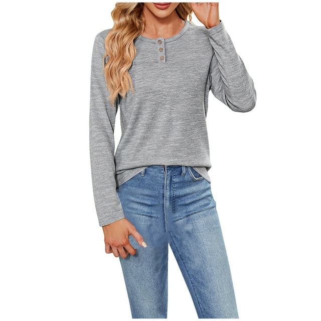 AherBiu Women Tops Long Sleeve Round Neck Basic Tee Tops Fall Classic Loose Fitting Solid Color Shirts