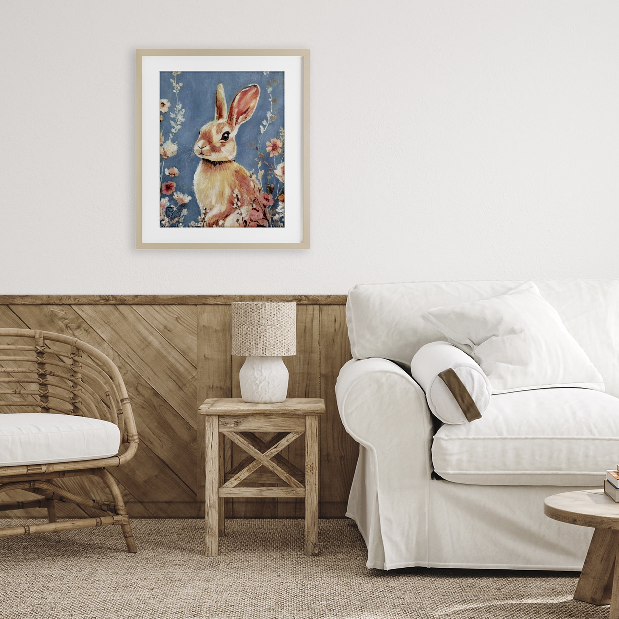 Stupell Industries Whimsical Rabbit on Blue Birch Framed Print Under Glass, design by Sara Culpepper