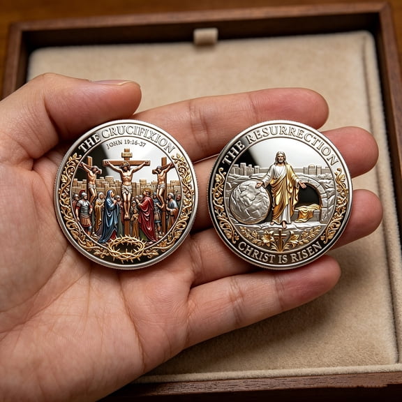 Gaqring Commemorative Coin Set, Double-Sided Crucifixion & Resurrection of Christ Religious Collectible, Gold Plated Metal Keepsake for Easter Gift Home Decor