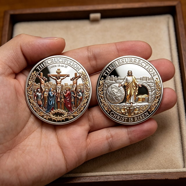 10 Pcs Pièce Commémorative de Crucifixion Chrétienne, Usloyux Pièce Commémorative de Crucifixion, Pièce de Collection Religieuse de Résurrection à Double Face, Cadeau de Pâques pour Présentation à la Maison Ou au Bureau