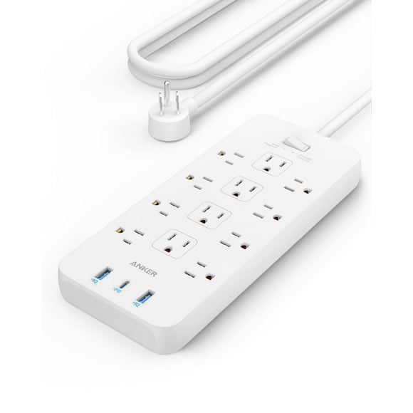 Anker Power Strip Protector contra sobretensiones (2100J), 12 salidas con 3 puertos USB para iPhone 15/15 Plus/15 Pro/15 Pro Max, 5 pies, enchufe plano, carga de suministro de energía de 20 W para el