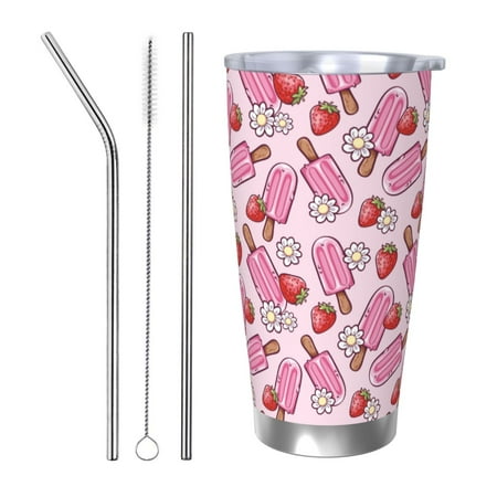 

Vsdgher Strawberry Popsicle 20 Oz Stainless Steel Vacuum Insulated Travel Mug Coffee Cup for Home Office Outdoor Works Great for Ice Drinks and Hot Beverage -Straw Three-piece Set