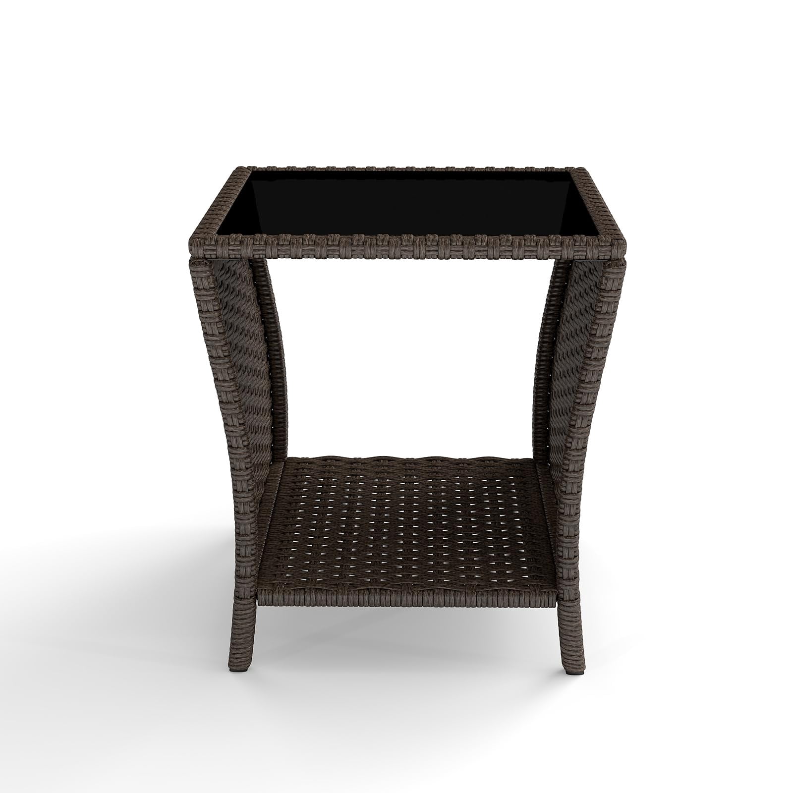 Kinsuite PE Rattan Patio Side Table - Outdoor Wicker End Table with Black Glass Top, Rattan Coffe Table in Iron Frame for Backyard Balcony Poolside, Dark Brown