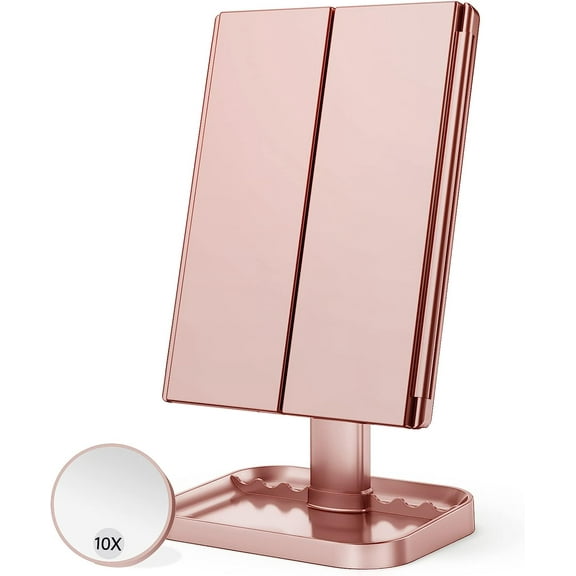 Makeup Mirror, 10x3x2X Magnification, Lighted, Touch Control, Trifold, Dual Power Supply, Portable LED, Women Gift