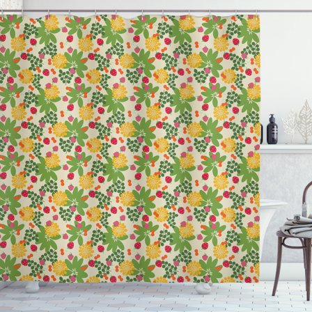 Strawberry Shower Curtain, Summer Gardening Composition with Colorful Strawberries Cherries and Leaves, Fabric Bathroom Set with Hooks, 69W X 84L Inches Extra Long, Multicolor, by Ambesonne