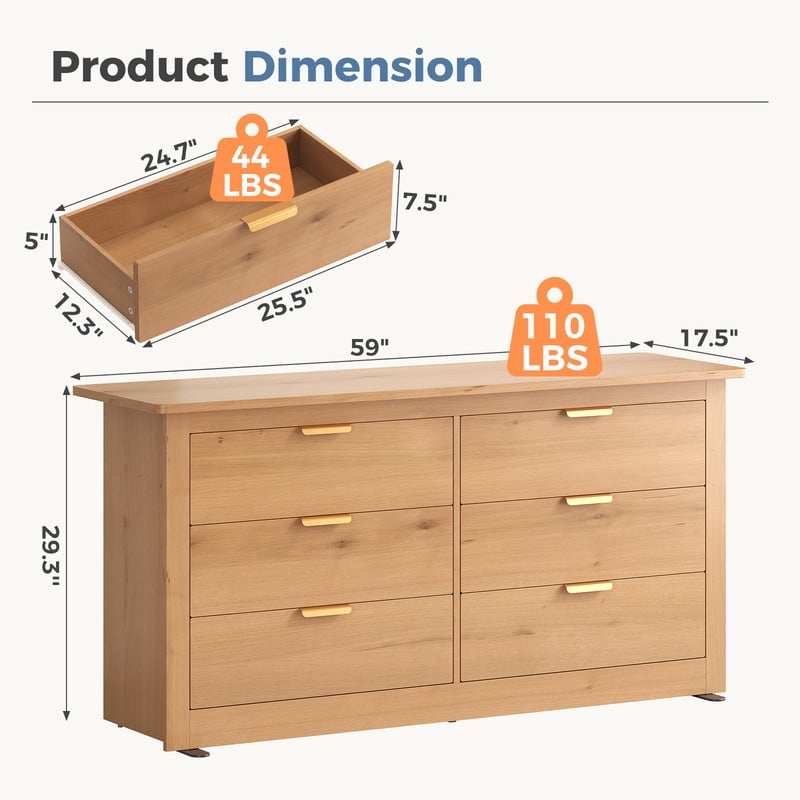 Gianna Dresser for Bedroom with 6 Drawers 59 Inch Chest of Drawers Wooden Dressers for Closet Living Room，Wood