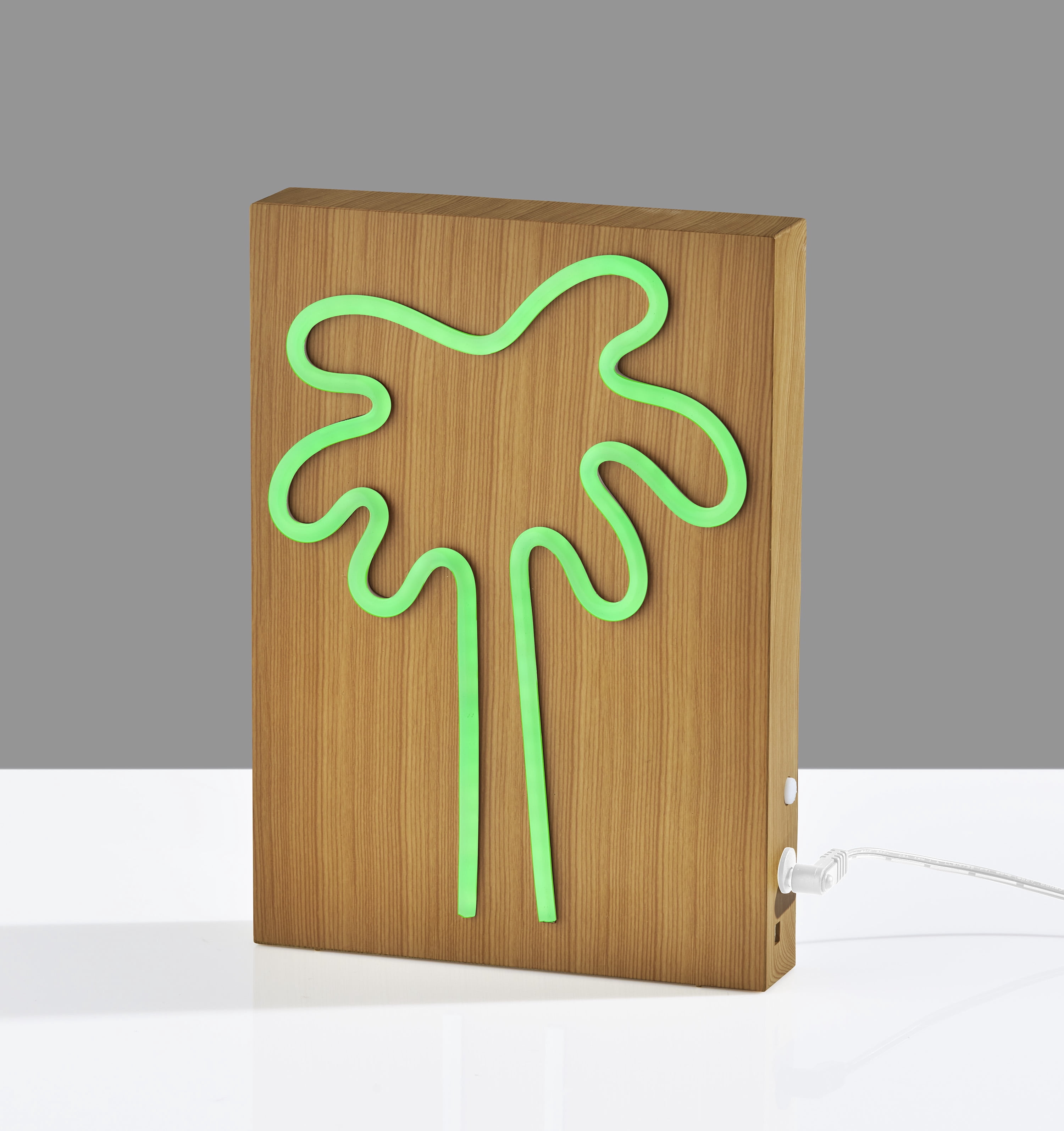 Simplee Adesso Wood Base Framed Neon Palm Tree Table/Wall Lamp, Natural Wood Base Grain Finish on Plastic - water transfer, Abs,