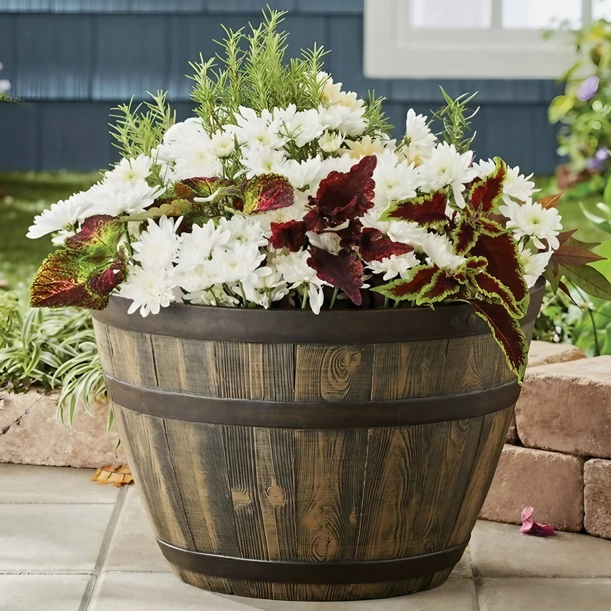 Better Homes & Gardens Whiskey Barrel Brown 100% Recycled Resin Planter, 19.9in x 19.9in x 13in