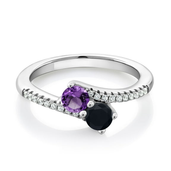 Gem Stone King 925 Sterling Silver Purple Amethyst and Black Onyx Bypass Ring for Women (0.71 Cttw, Gemstone February Birthstone, Round 4MM, Available in Size 5, 6, 7, 8, 9)