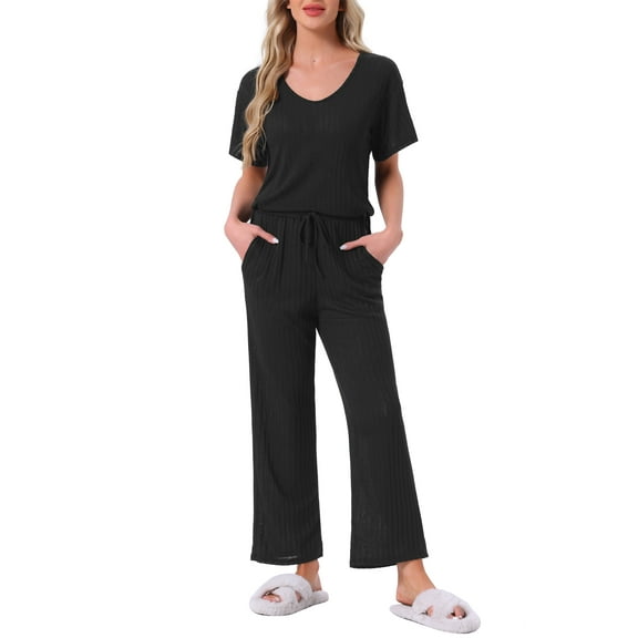 INSPIRE CHIC Womens Pajama Set Ribbed Knit Short Sleeve Side Slit Top and Pants 2 Piece Lounge Outfits with Pockets S Black