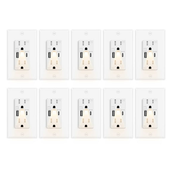 Greencycle Outlet With Built in Light And USB C,10PK 15Amp High Speed Night Light Outlet With USB,4.8A USB A/C Ports Electrical Outlet Tamper-Resistant,Wall Plate Included for Home,Office