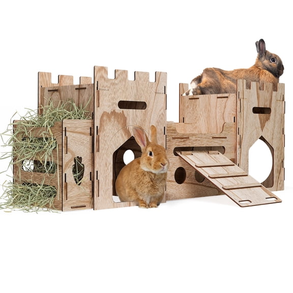 HIIMALEX Extra Large Wooden Bunny Castle House Multistory Climbing Tower Hideout Ventilated Sturdy Habitat for Rabbit Guinea Pig Chinchilla Ferret (T1 Castle&Feeder)
